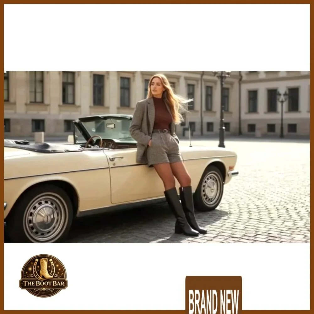 Knee High Boots Faux Leather Square Toe Chunky Heel Elastic Shaft Side Zipper - Picture 7 of 7